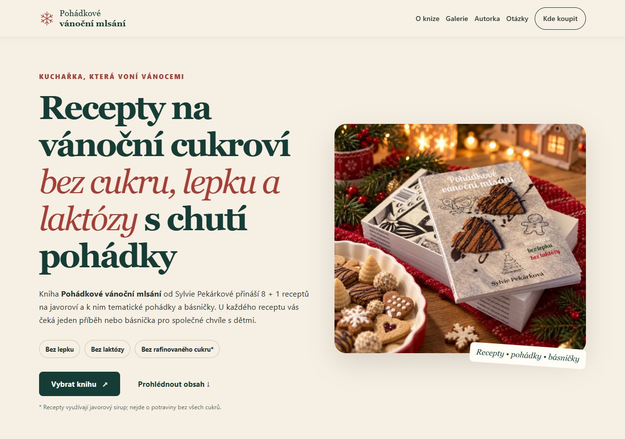 Web Pohádkové vánoční mlsání: představení kuchařky s fotografií knihy a vánočního cukroví.